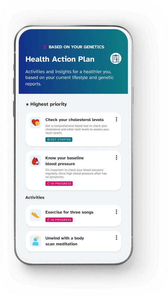 Image showing a phone screen displaying the Health Action Plan interface. The screen includes text describing the Health Action Plan: “Health Action Plan. Activities and insights for a healthier you, based on your current lifestyle and genetic reports. Check your cholesterol levels. Get a comprehensive blood test to check your cholesterol and other lipid levels to assess your heart health. Know your baseline blood pressure. It's important to check your blood pressure regularly, since high blood pressure often has no symptoms. Activities: exercise for 3 songs. Unwind with a body scan meditation.”